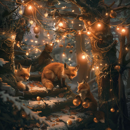 Foxes decorating forest with twinkling lights for celebration