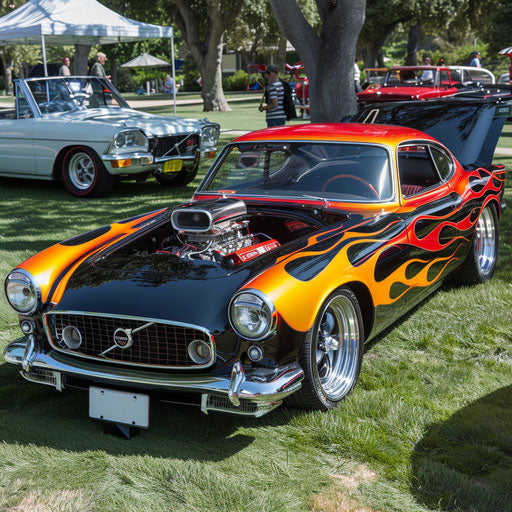 1966 Volvo P1800 hotrod with supercharged engine and flames