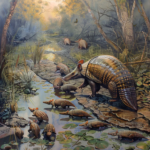A mother armadillo leads her babies across a meandering creek