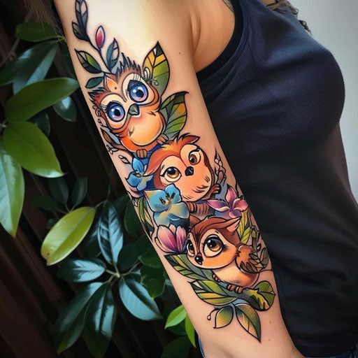 Arm tattoos for women with funny cartoon animals