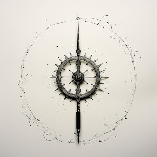 Sword, pentagon, circle, minimalist style, medieval, frostpunk, 16th century, dau-al-set, tattoo, model