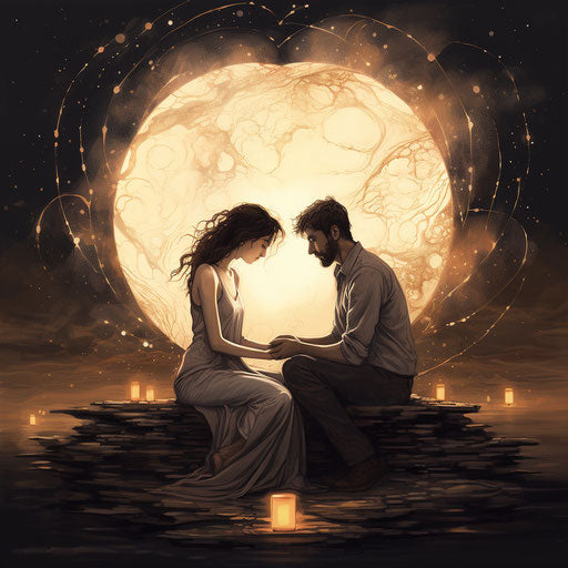 Couple under the sacrificial heart in front of the moon, lovely style