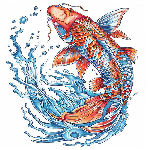 Vibrant koi fish tattoo with intricate scales on white