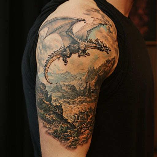 Dragon arm tattoo with a dragon flying over a battle-scarred landscape