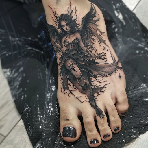 Foot tattoos in the style of Gerald Brom with dark fairies