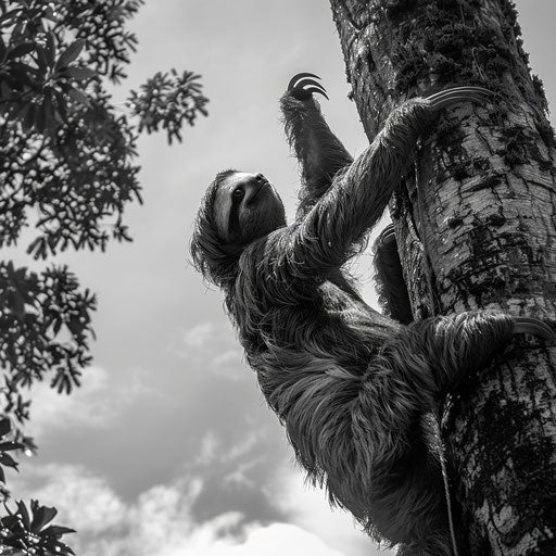 Large sloth climbing a tree in dynamic motion