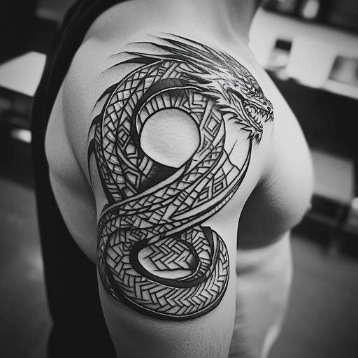Upper arm tattoos for men with a tribal dragon wrapped around