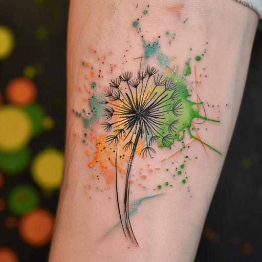 Watercolor-style dandelion tattoo with vibrant colors