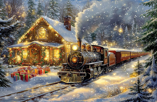 Vintage steam train in snow-covered countryside