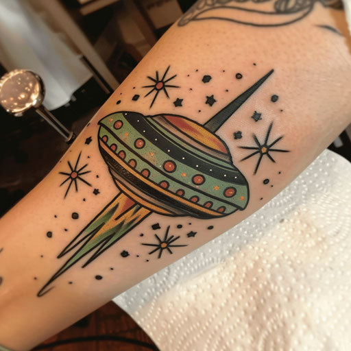 Nostalgic sketch of a retro UFO near Earth in classic green