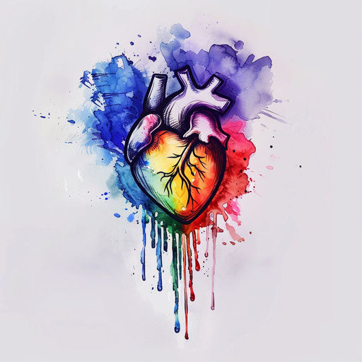 Dynamic flat tattoo sketch of a heart shedding colorful tears in a watercolor effect