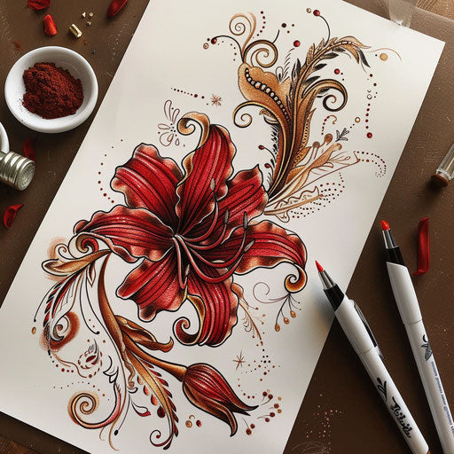 Boho chic style tattoo sketch of a red spider lily