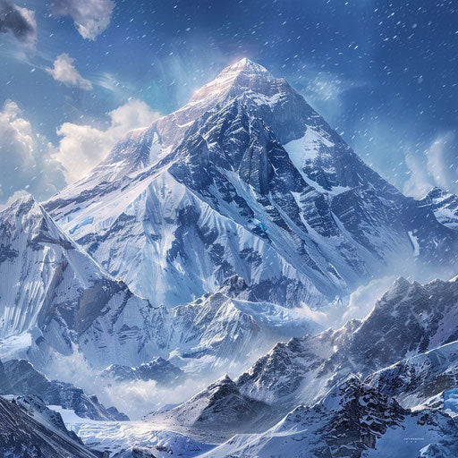 Everest in winter, snowy landscape, in William Patino's style