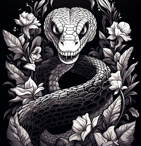 Enchanted serpent in black and white, exotic realism style