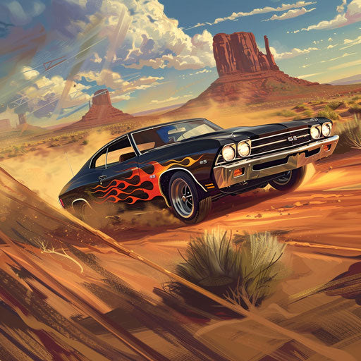 1969 Chevrolet Chevelle SS hotrod with flames in desert