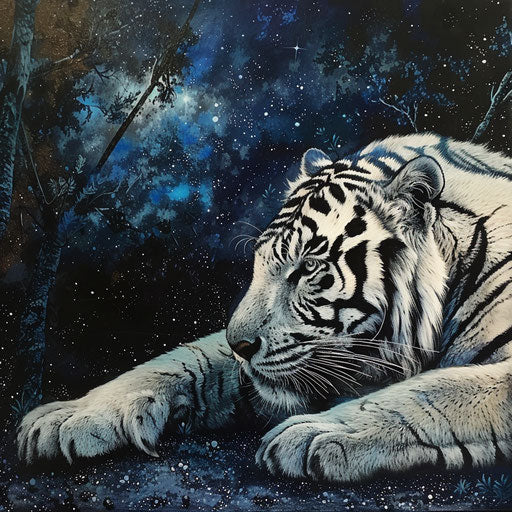 The solemn beauty of a white tiger under the stars