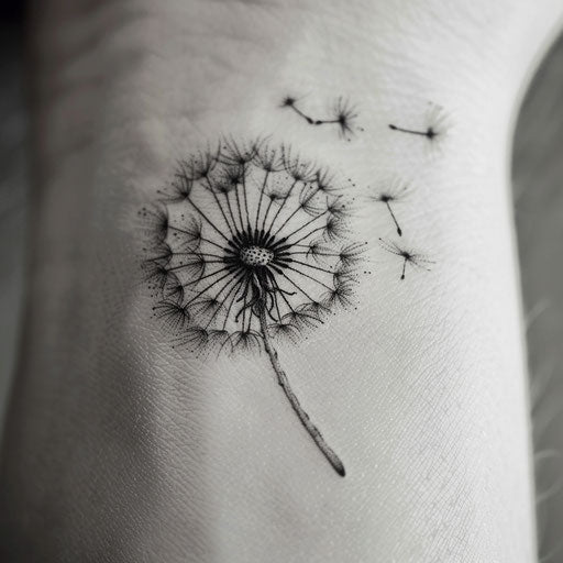Small hand-drawn dandelion tattoo, floating seeds, on crisp white background