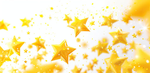 Yellow stars on white background, playful streamlined forms, shimmering
