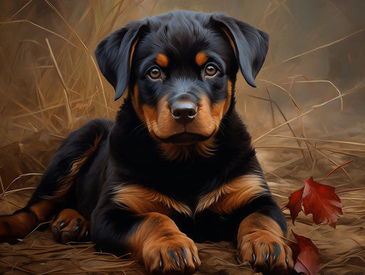 Rottweiler puppy lying in a field with orange collar