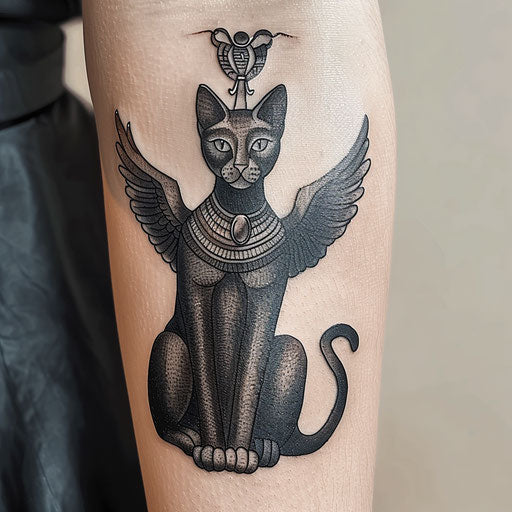 Egyptian-themed black cat tattoo featuring Bastet and ancient symbols