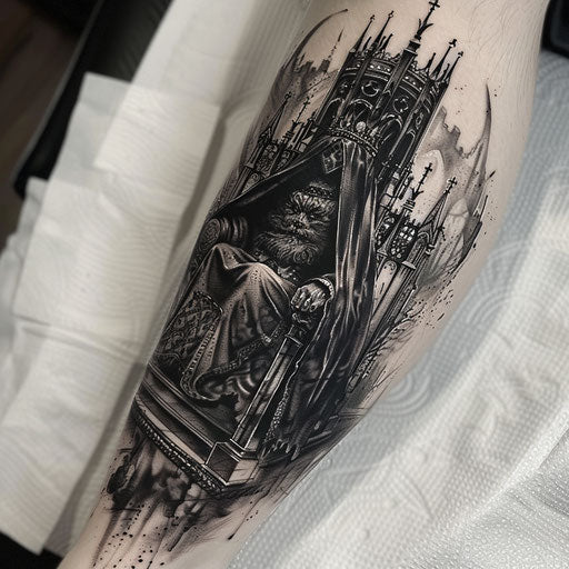 Gothic-style king tattoo with dark crown and throne