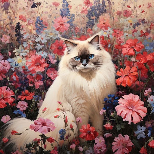 Birman cat in flower bed