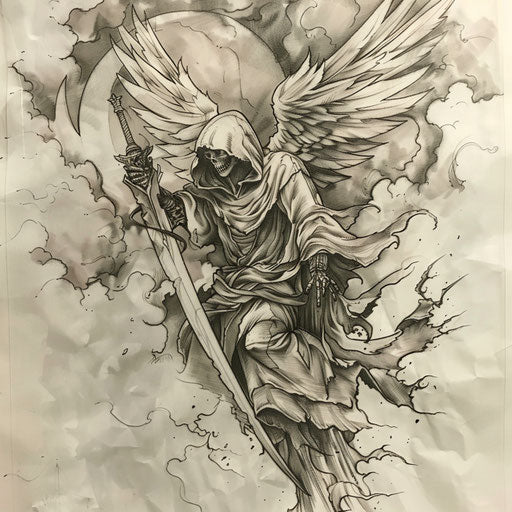 Dynamic tattoo sketch of the angel of death soaring through clouds, in stormy grey tones