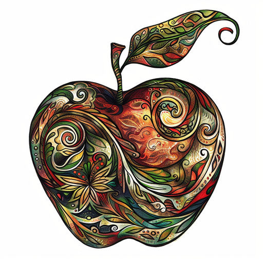 Abstract swirling apple tattoo sketch in red, green, and gold