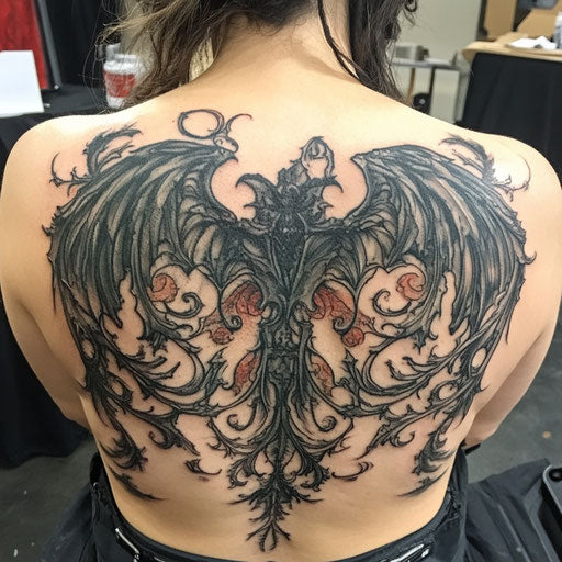 Female back tattoo in the style of Gerald Brom with dark gothic wings and twisted vines