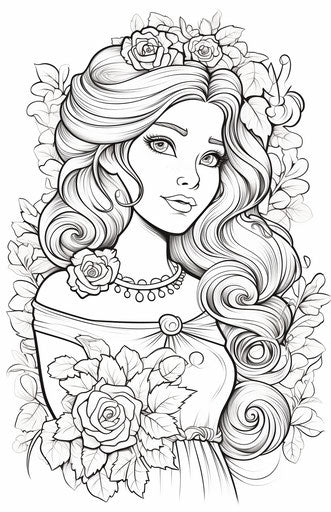 Disney princess coloring pages in black and white ink style, captivating, baroque, strong facial expression, dark pink and white, stencil art 11:17