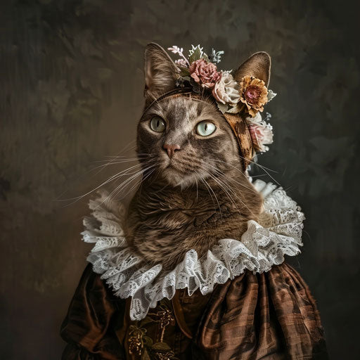 Brown cat dressed as a woman