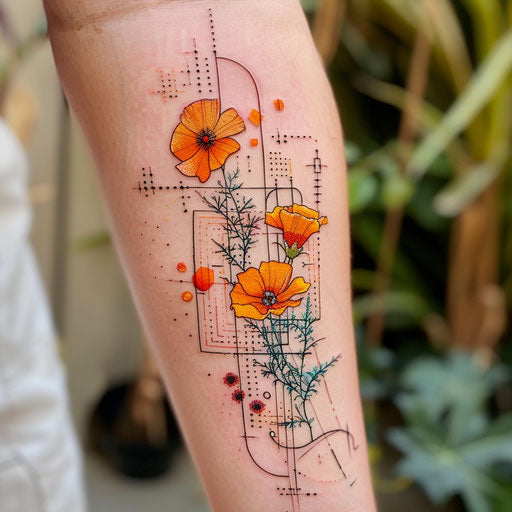Wildflower tattoo with geometric shapes and vibrant colors