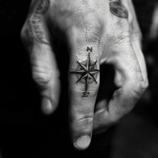 Wedding ring tattoo with tiny compass rose
