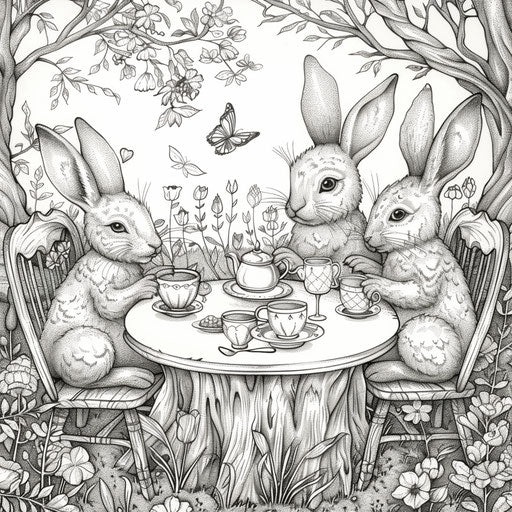 Whimsical scene of bunnies having a tea party