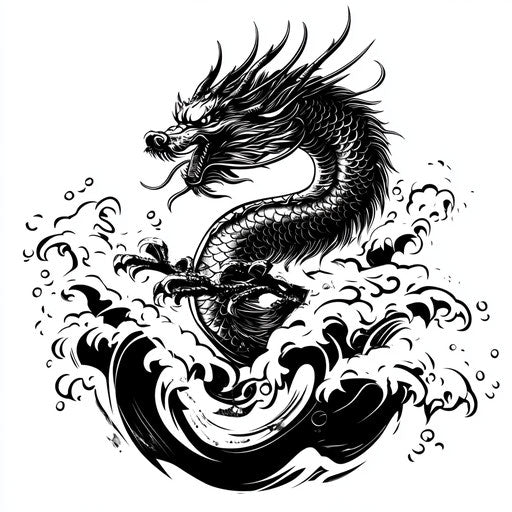 Tribal dragon tattoo sketch with waves on white background