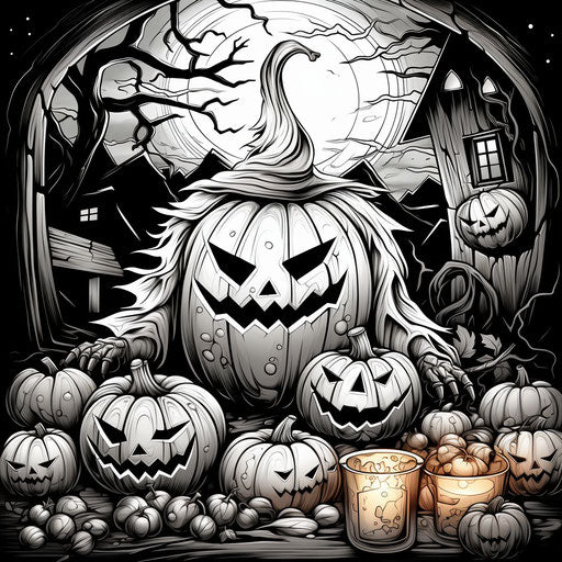 Halloween pumpkins and candy in an elegantly drawn coloring page, in the style of stark black and white photography