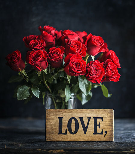 Red roses bouquet with a wooden sign 'LOVE'