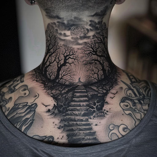 Men's neck tattoo of dark, surreal landscapes