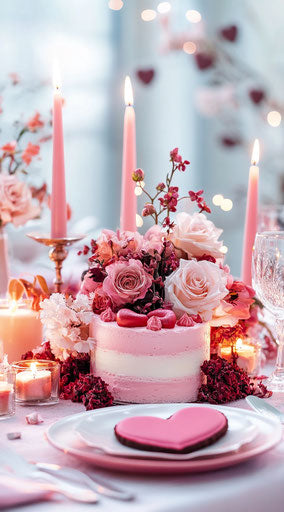 Valentine's Day table setting with heart-shaped cake, flowers and candles