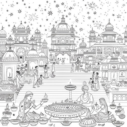 Complex illustration of a Diwali night with temples lit up and people celebrating. Coloring book page