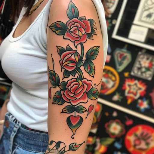 Arm tattoo: traditional roses and hearts, Ed Hardy style