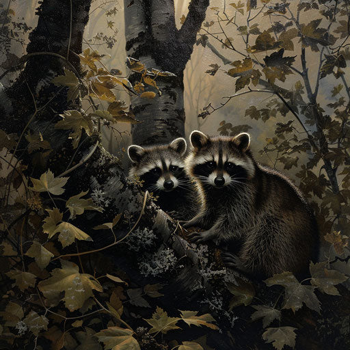 Raccoons in a dramatic forest