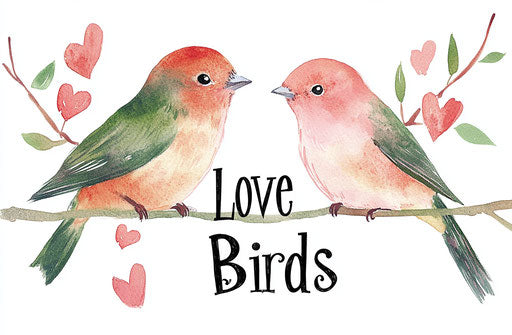 Watercolor, cute and beautiful Valentine's Day-themed clipart with two love birds in soft pinks, reds, and greens on a white background