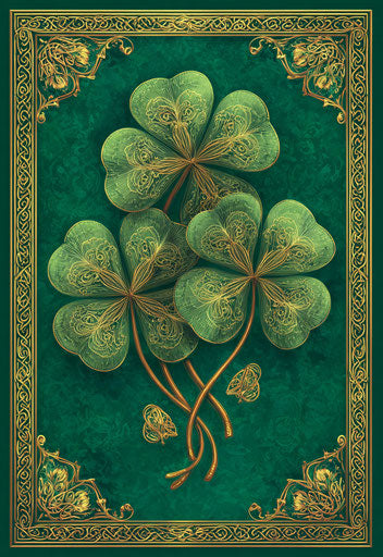 Celtic Knot Design with Clover Leaves on Green Background