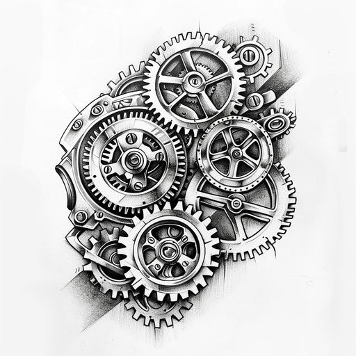 Steampunk gears and clockwork tattoo design in black on white