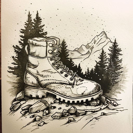 Bold flat tattoo sketch of a rugged boot stepping onto an uncharted path