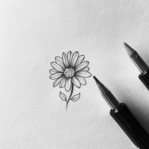 Sketch of a small daisy flower tattoo, inked in detail on a white canvas