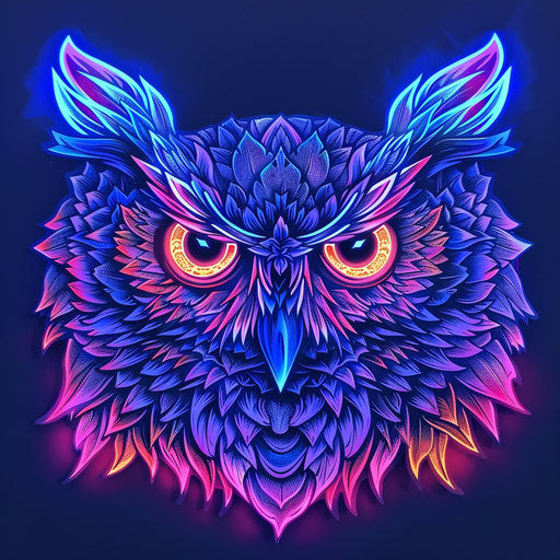 Flat tattoo sketch of a neon owl with brightly glowing eyes in dark
