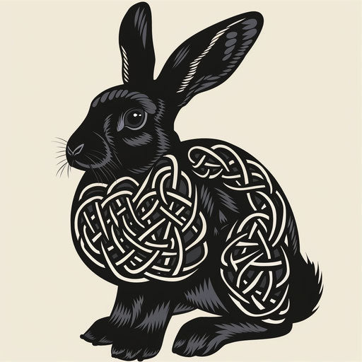 Cultural flat tattoo sketch of a black rabbit with traditional Celtic knots