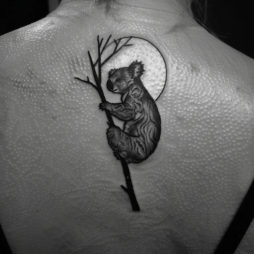 Bold and dark flat tattoo sketch with a koala silhouetted against the moon